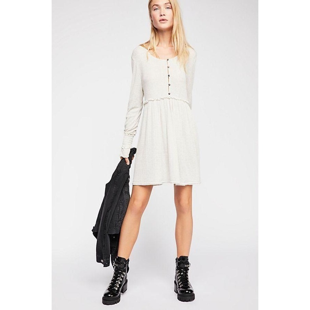 FREE PEOPLE Sz M High Tides Mini Dress Oatmeal Ribbed Henley Babydoll